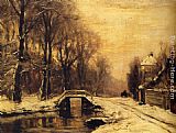 Louis Apol A Snowcovered Forest With A Bridge Across A Stream painting